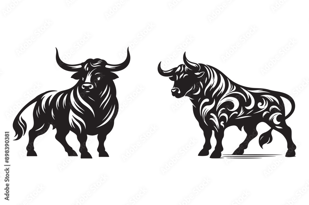 Fototapeta premium bull set black silhouette vector illustration white background - Generative AI