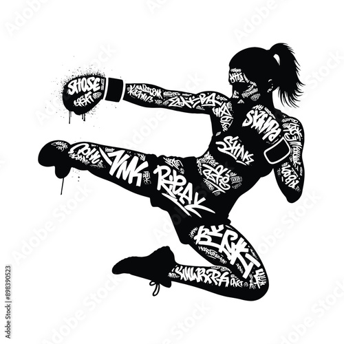 Boxing, Kickboxing   female player in graffiti tags, street art pattern illustration, emblem shield badge