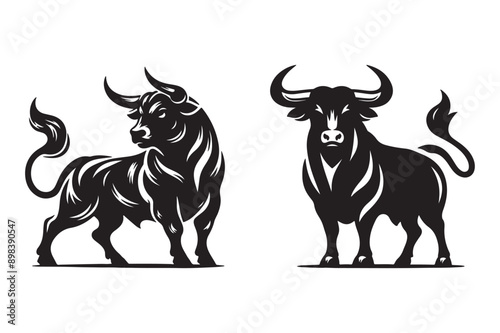 bull set black silhouette vector illustration white background
