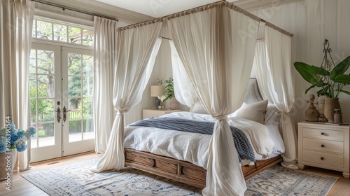 A serene bedroom with a canopy bed and soft drapes