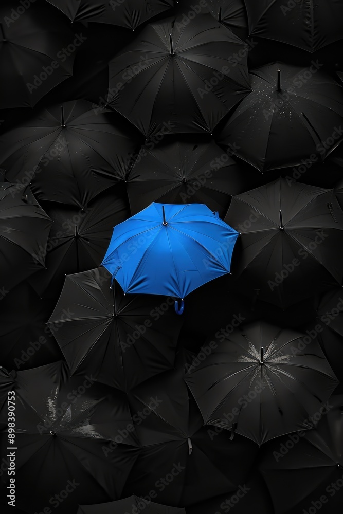 An array of black umbrellas with a single blue umbrella in the center, creating a striking contrast against a dark background.