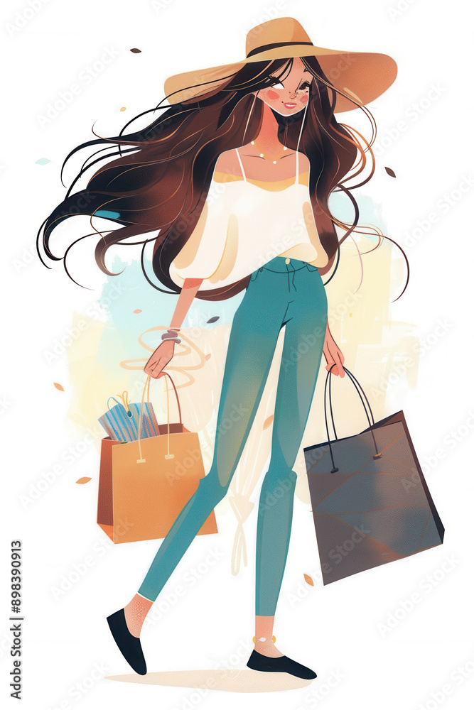 Artistic illustration of female shopping with shopping bags Artistic illustration of female shopping with shopping bags