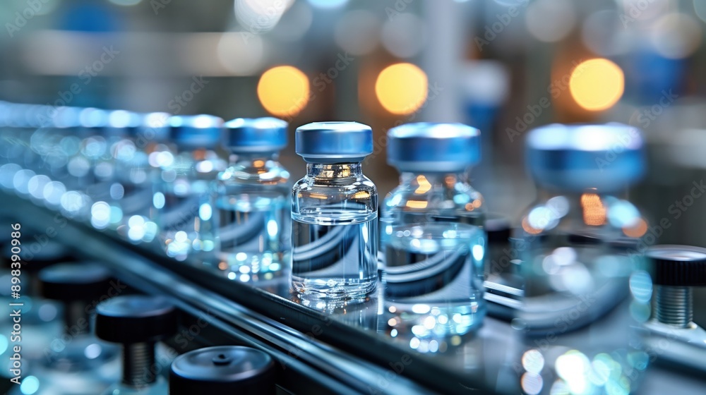 Vials with Liquid on Conveyor Belt. Vials filled with clear liquid move along a conveyor belt in a pharmaceutical manufacturing plant, showcasing the production of medical products. Vials with Liquid on Conveyor Belt. Vials filled with clear liquid move along a conveyor belt in a pharmaceutical manufacturing plant, showcasing the production of medical products.