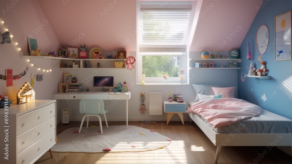 Fototapeta premium Cute and Cozy Kids Bedroom with Pink and Blue Walls
