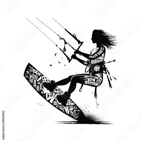 Kitesurfing, Wakeboarding   female player in graffiti tags, street art pattern illustration, emblem shield badge