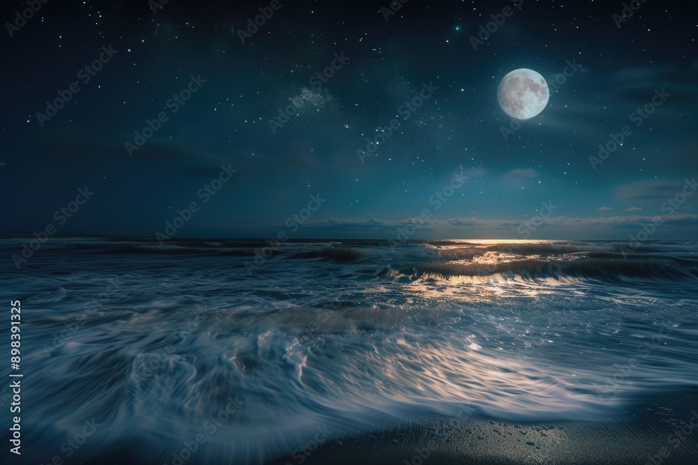 A tranquil ocean scene at night with gentle waves and a glowing full moon against a starry sky. The coastline is visible in the distance, providing a serene backdrop to this peaceful image. A tranquil ocean scene at night with gentle waves and a glowing full moon against a starry sky. The coastline is visible in the distance, providing a serene backdrop to this peaceful image.