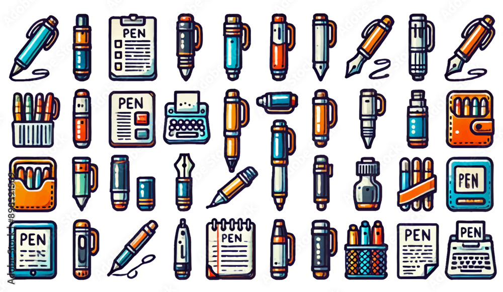 Assorted Pen and Writing Instruments Icon Collection Assorted Pen and Writing Instruments Icon Collection