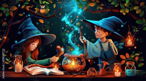 Adorable witches making magic, cauldron and potions, flat design illustration photo