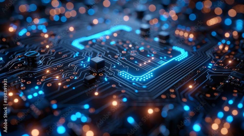Blue lights shining on a computer motherboard circuit, symbolizing technological advancement Blue lights shining on a computer motherboard circuit, symbolizing technological advancement