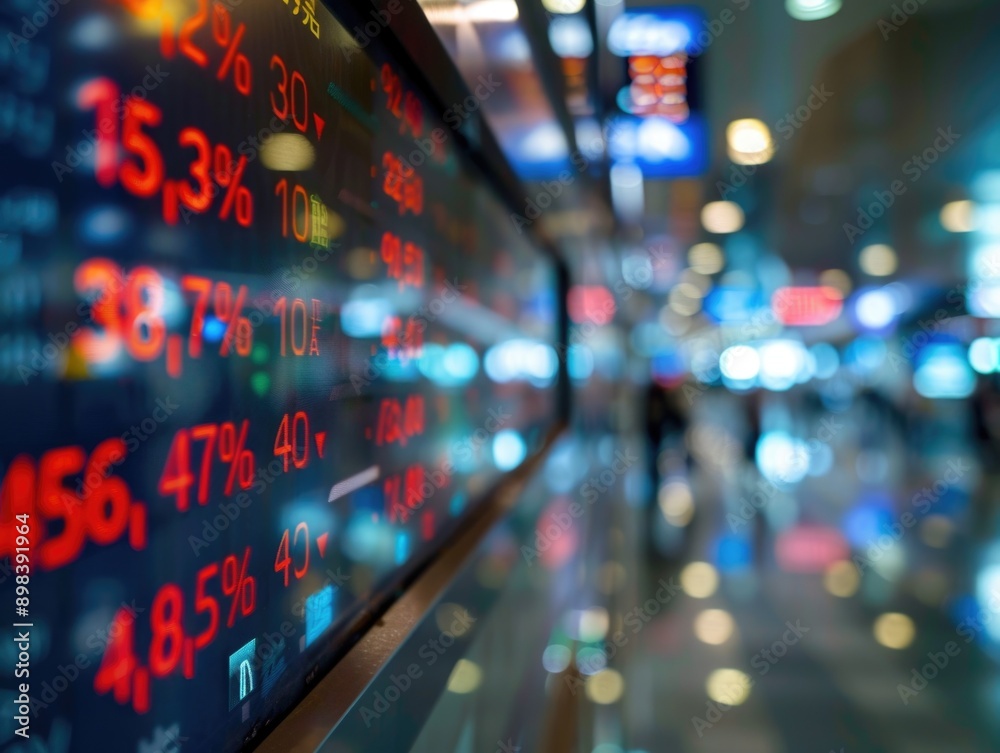 A view of a bustling trading floor with multiple computer screens displaying real-time stock prices and market data. A view of a bustling trading floor with multiple computer screens displaying real-time stock prices and market data.