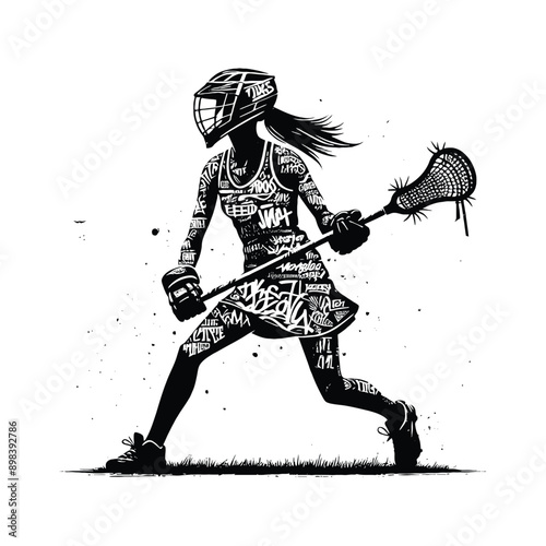 Lacrosse  female player in graffiti tags, street art pattern illustration, emblem shield badge