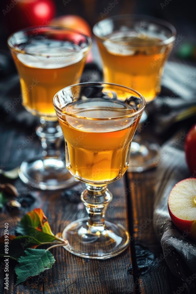 Two cocktails on wooden table with apple and leaves decoration. Two cocktails on wooden table with apple and leaves decoration.