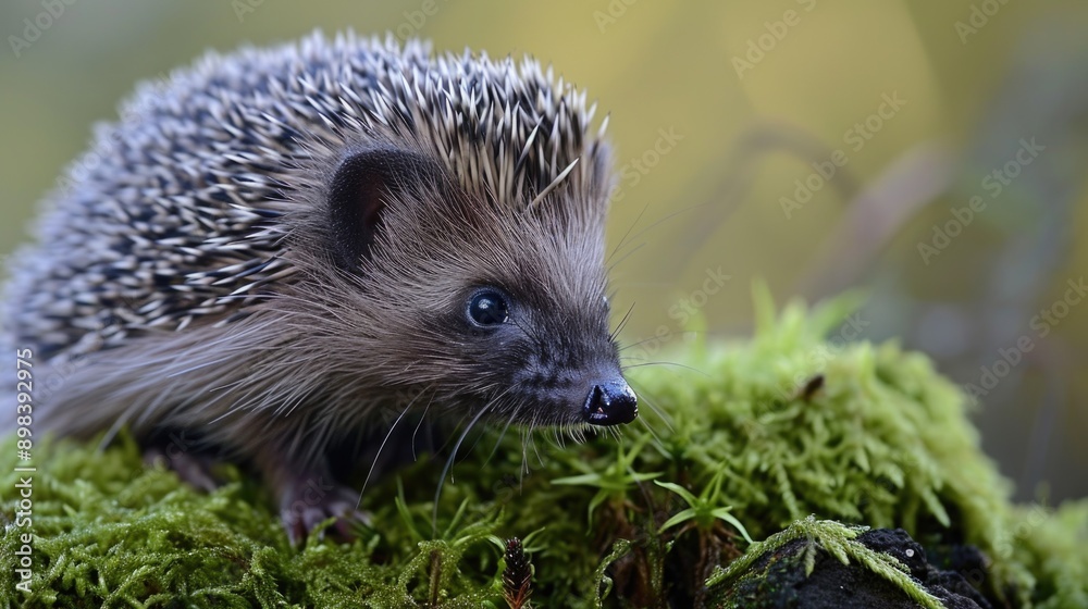 Fototapeta premium Hedgehog exploring forest floor with moss and lichen. Brown spines on back.