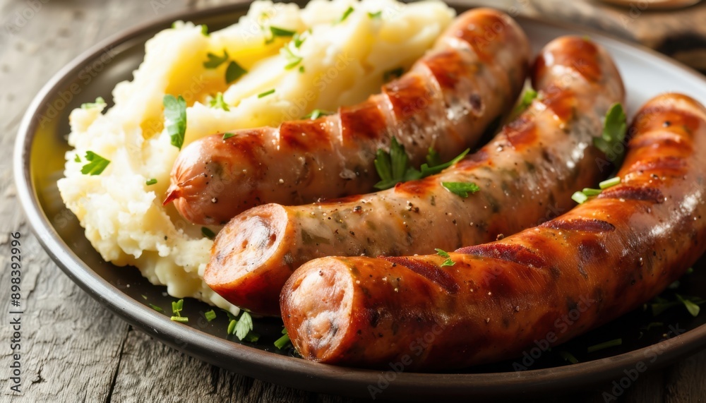 Grilled Sausages Served With Mashed Potatoes and Parsley Grilled Sausages Served With Mashed Potatoes and Parsley