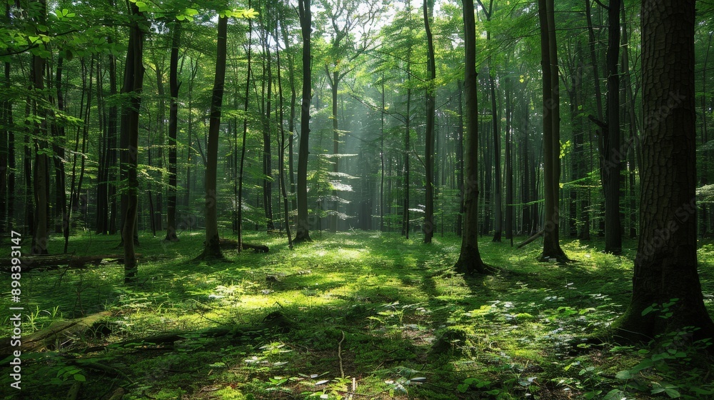 A serene forest with fresh air and sunlight filtering through A serene forest with fresh air and sunlight filtering through
