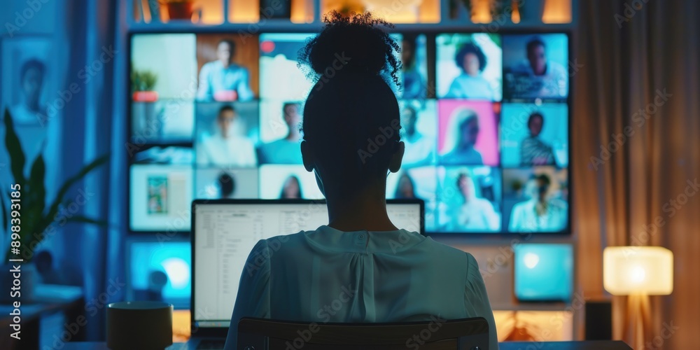 Woman focused on screens, multitasking in tech environment Woman focused on screens, multitasking in tech environment