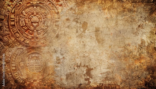 Ancient Mayan Calendar Carvings on Weathered Stone Wall