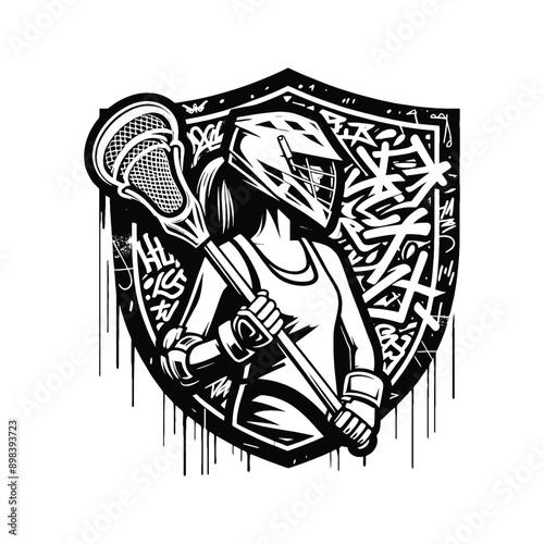 Lacrosse  female player in graffiti tags, street art pattern illustration, emblem shield badge