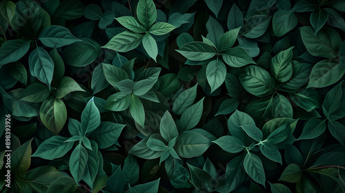 A dark green background with leaf patterns in dark green and light green tones.