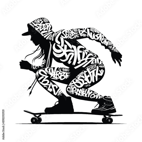 Skateboarding, longboarding  female player in graffiti tags, street art pattern illustration, emblem shield badge