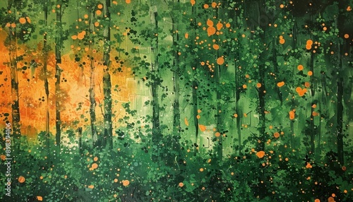 A Green Forest With Orange Blooms and Sunlight in the Distance