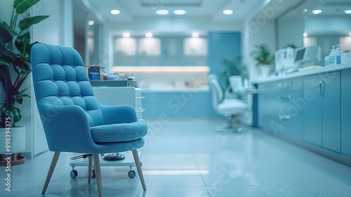 Empty blue armchair standing in a modern and luminous medical practice, waiting for the next patient