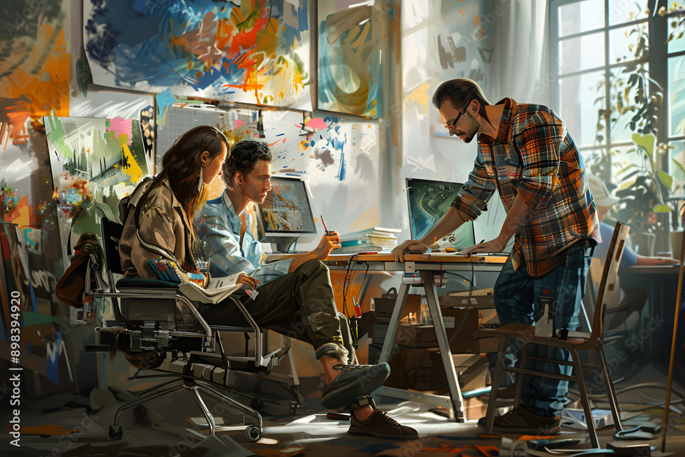 Two artists in a vibrant studio—one painting on canvas, the other drawing at a table. Two artists in a vibrant studio—one painting on canvas, the other drawing at a table.