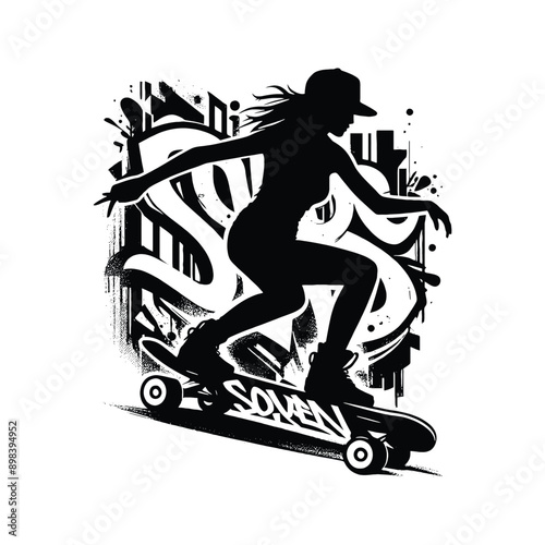 Skateboarding, longboarding  female player in graffiti tags, street art pattern illustration, emblem shield badge