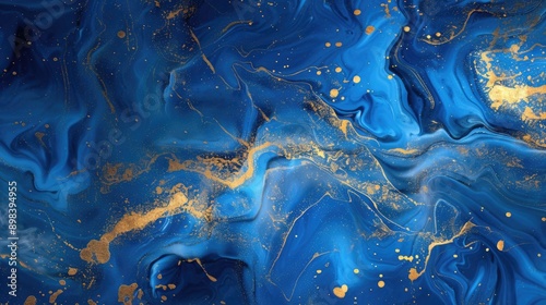 Artistic image with blue swirl and gold specks against a dark background.