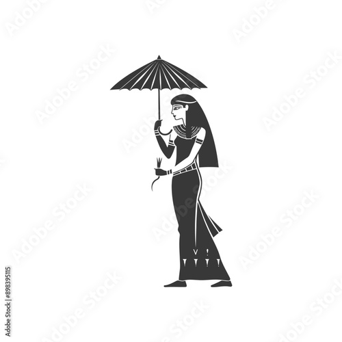 Black and White Illustration of an Egyptian Woman Holding an Umbrella