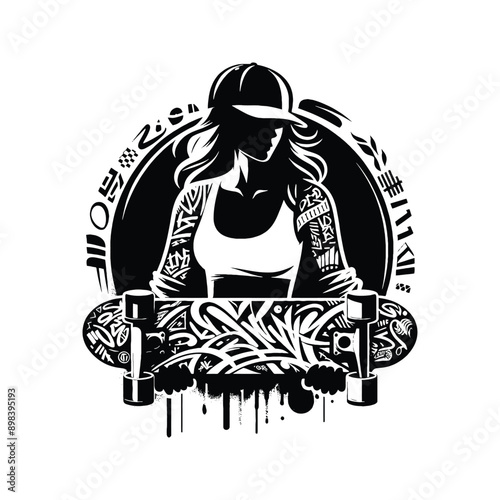 Skateboarding, longboarding  female player in graffiti tags, street art pattern illustration, emblem shield badge