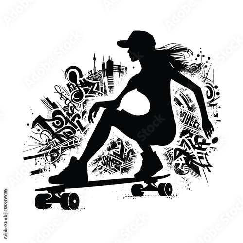 Skateboarding, longboarding  female player in graffiti tags, street art pattern illustration, emblem shield badge