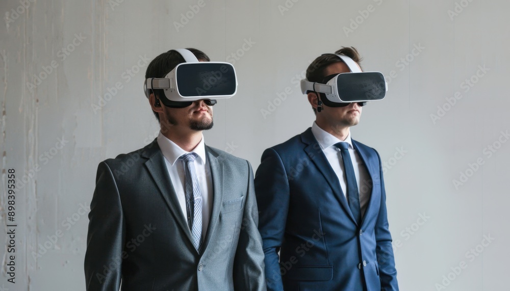 Two Businessmen Wearing Virtual Reality Headsets in a Modern Office