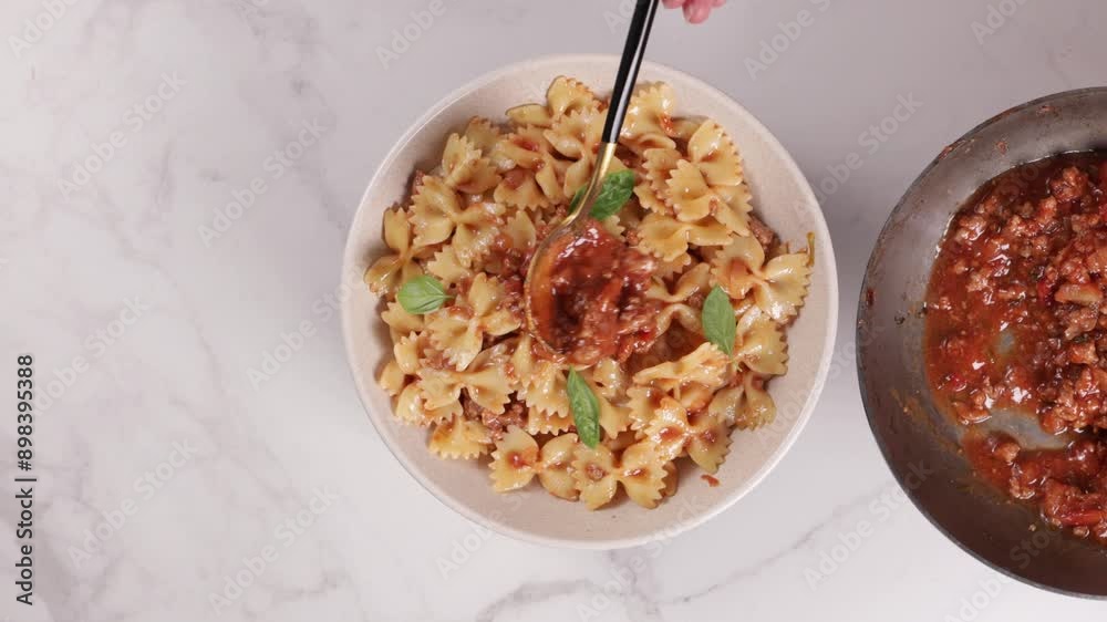put bolognese in pasta bowl on light surface put bolognese in pasta bowl on light surface