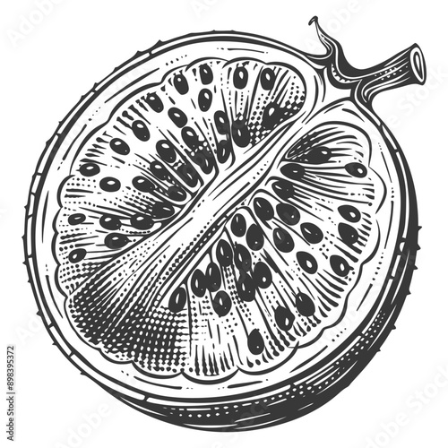 Cross section of a Passion Fruit with Seeds and Rind