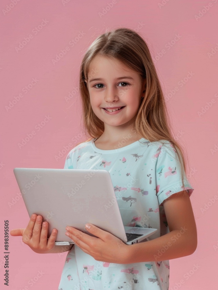 Smiling girl holding laptop, showing enthusiasm for technology and digital literacy. Smiling girl holding laptop, showing enthusiasm for technology and digital literacy.