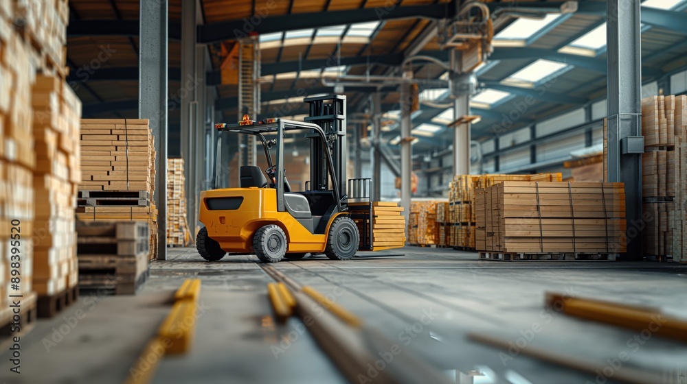 Interior of a warehouse with a yellow forklift transporting wooden planks, surrounded by stacks of lumber and high ceilings with skylights. Interior of a warehouse with a yellow forklift transporting wooden planks, surrounded by stacks of lumber and high ceilings with skylights.