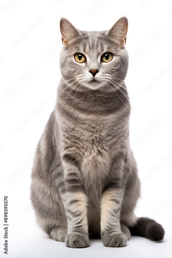 A cat sitting on white background looking at the camera.