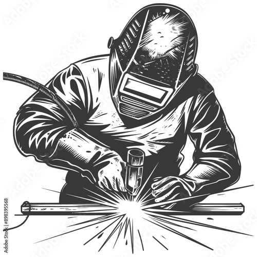 Welder in Protective Gear Welding Metal with Sparks Flying