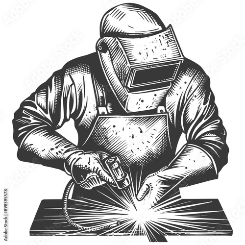 A Welder Wearing a Protective Mask Works on a Metal Surface