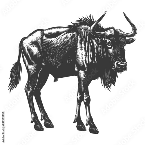 A Black and White Illustration of a Wildebeest
