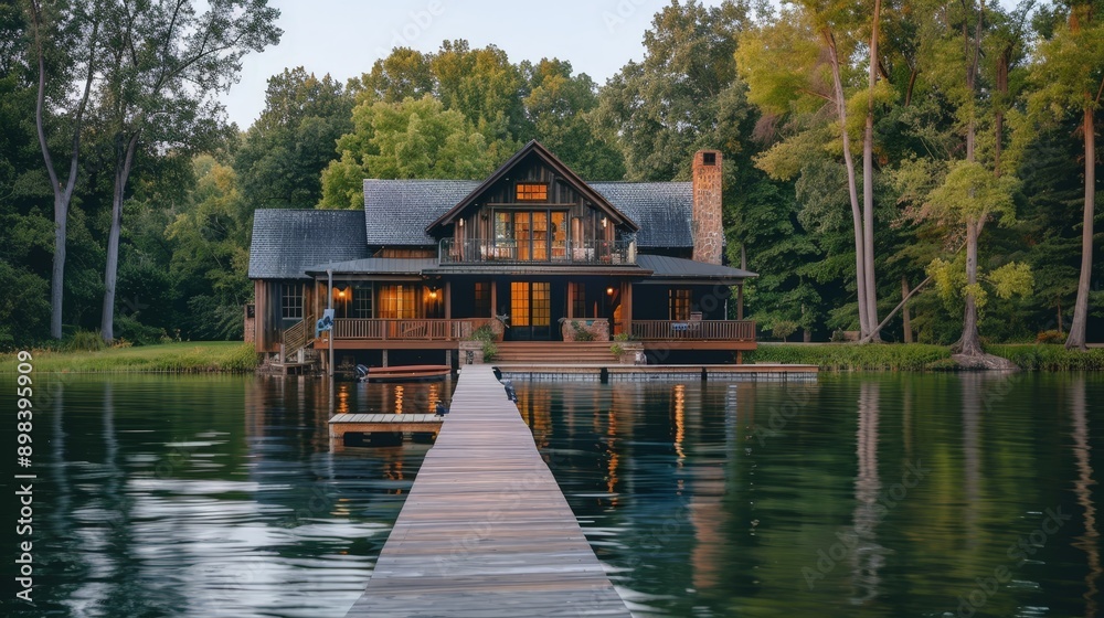 A serene lake house with a dock, perfect for relaxation A serene lake house with a dock, perfect for relaxation