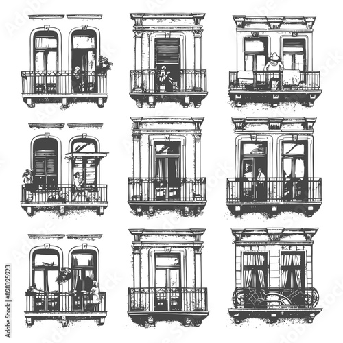 A Collection of Nine Hand Drawn Balconies with Figures