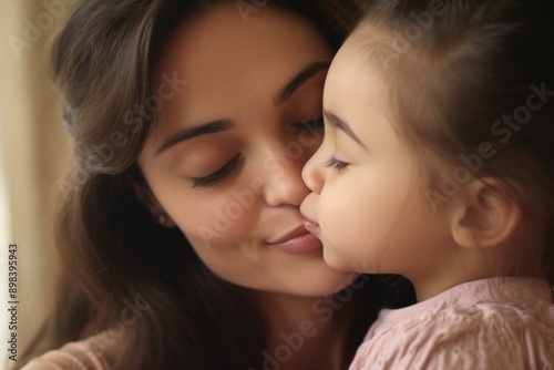 A loving mother kisses her child on the forehead, showcasing a tender moment of familial affection. © vefimov