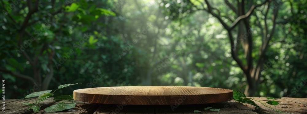 Empty wooden round podium in a tropical forest with a blurred background Empty wooden round podium in a tropical forest with a blurred background