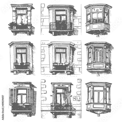 Hand drawn Illustrations of Nine Ornate Balconies