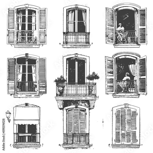 Collection of Hand Drawn Windows with Shutters and Balconies