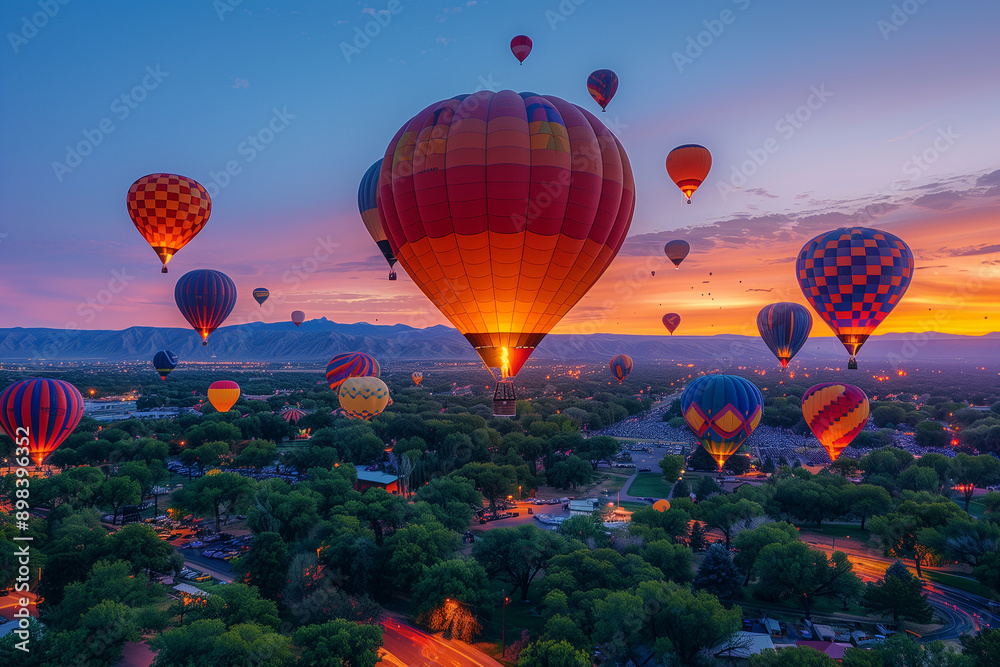 Fototapeta premium Vivid hues of hot air balloons punctuate the dawn sky at the Albuquerque International Balloon Fiesta creating a breathtaking spectacle against a gradient background