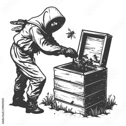 Beekeeper in Protective Gear Inspecting a Beehive
