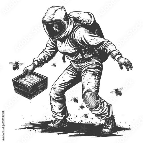 Beekeeper in Protective Suit Carrying a Box of Honeycombs